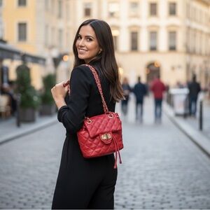 Elegant Red Quilted Badgley Mischka Backpack Bag